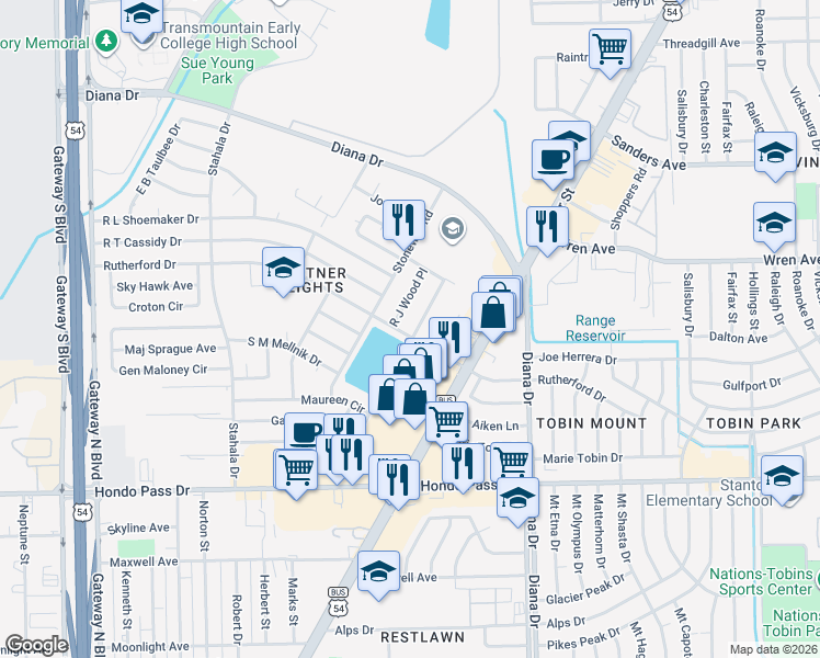 map of restaurants, bars, coffee shops, grocery stores, and more near 9301 West Osborne Road in El Paso