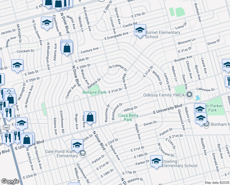 map of restaurants, bars, coffee shops, grocery stores, and more near 2718 East 31st Street in Odessa
