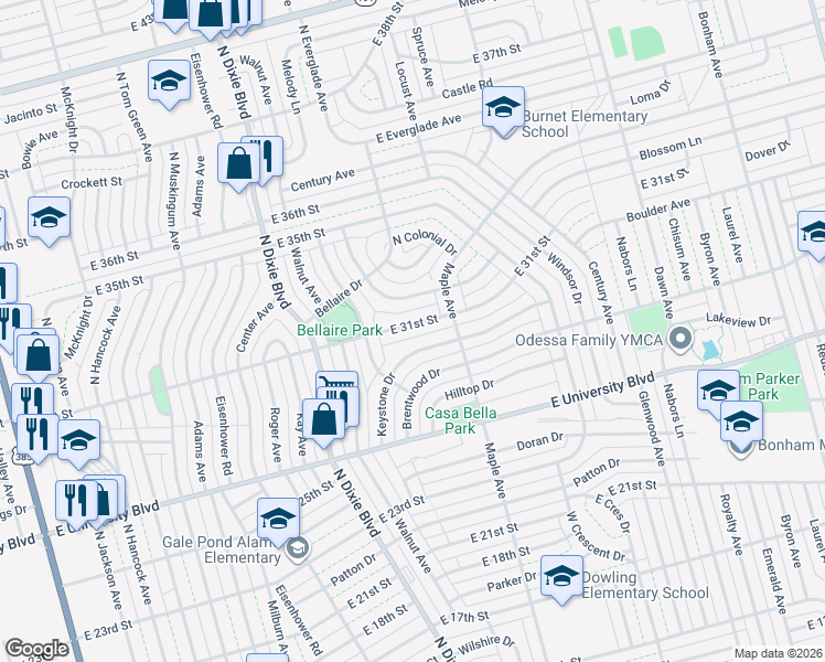 map of restaurants, bars, coffee shops, grocery stores, and more near 2718 East 31st Street in Odessa