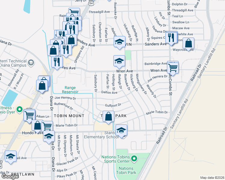 map of restaurants, bars, coffee shops, grocery stores, and more near 9303 Hollings Street in El Paso