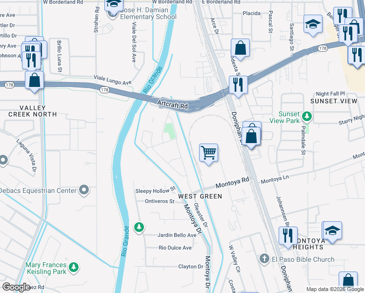 map of restaurants, bars, coffee shops, grocery stores, and more near 6046 Oleaster Drive in El Paso