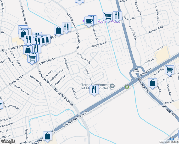 map of restaurants, bars, coffee shops, grocery stores, and more near 1315-1383 French Avenue in Odessa