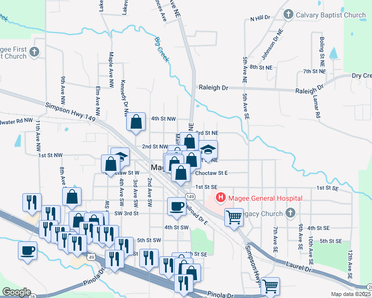 map of restaurants, bars, coffee shops, grocery stores, and more near 211 1st Avenue Northeast in Magee