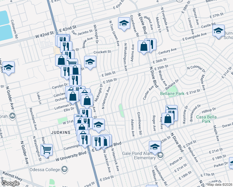 map of restaurants, bars, coffee shops, grocery stores, and more near 3126 North Tom Green Avenue in Odessa