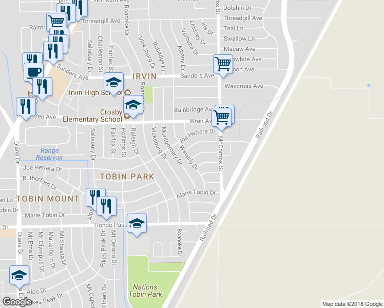 map of restaurants, bars, coffee shops, grocery stores, and more near 5703 Macon Lane in El Paso