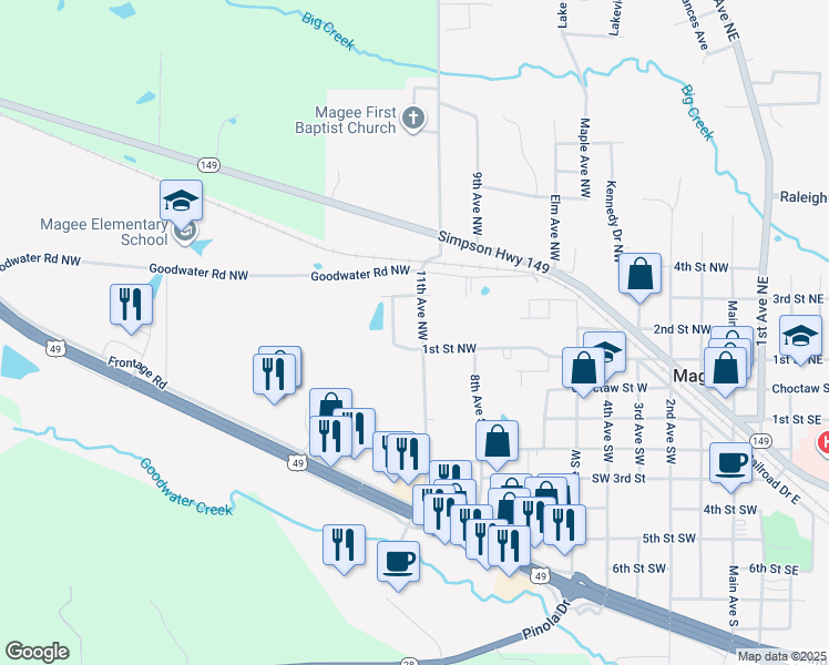 map of restaurants, bars, coffee shops, grocery stores, and more near 301 Rebecca Avenue in Magee