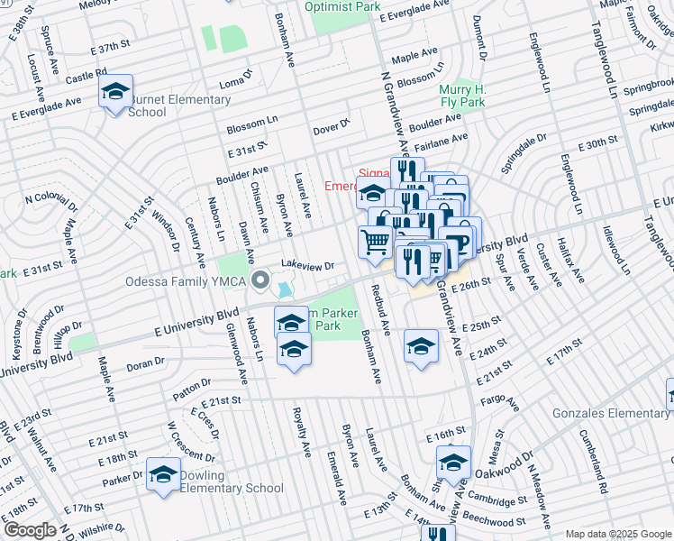 map of restaurants, bars, coffee shops, grocery stores, and more near 3050 Lakeview Drive in Odessa