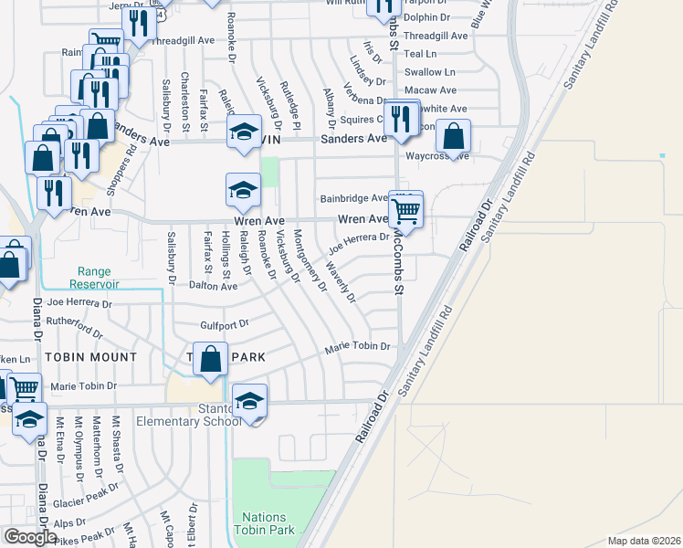 map of restaurants, bars, coffee shops, grocery stores, and more near 5703 Macon Lane in El Paso