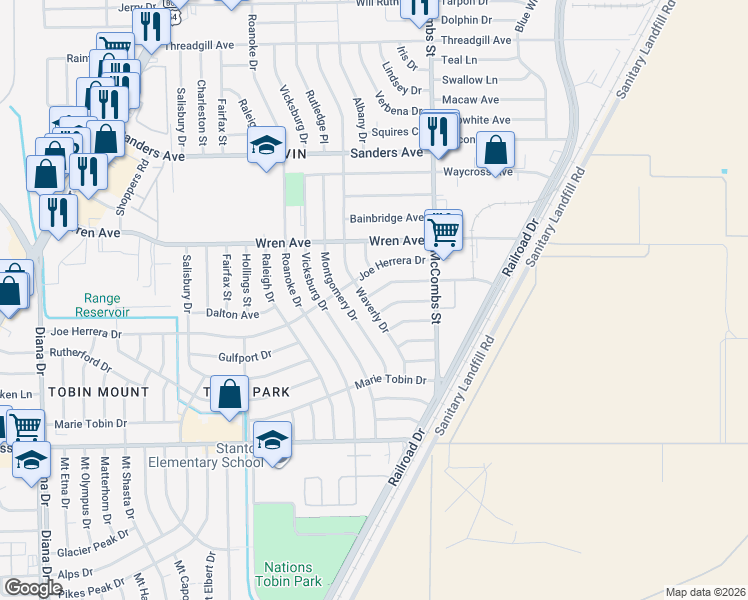 map of restaurants, bars, coffee shops, grocery stores, and more near 5703 Macon Lane in El Paso