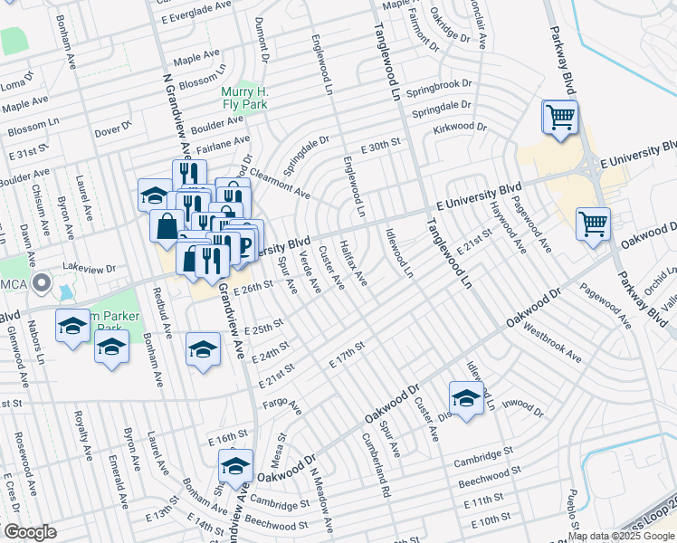 map of restaurants, bars, coffee shops, grocery stores, and more near 2503 Custer Avenue in Odessa