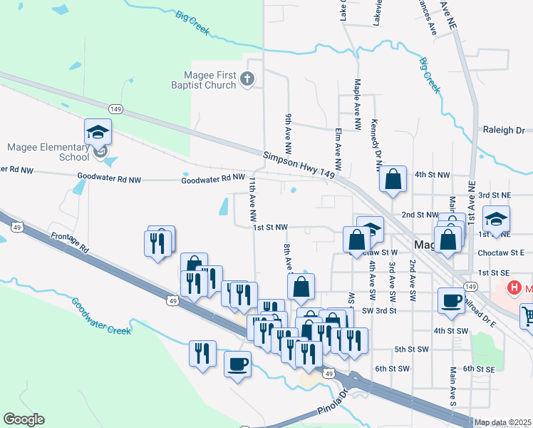 map of restaurants, bars, coffee shops, grocery stores, and more near 849 1st Street Northwest in Magee