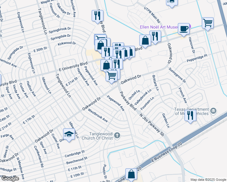 map of restaurants, bars, coffee shops, grocery stores, and more near 4601 Oakwood Drive in Odessa