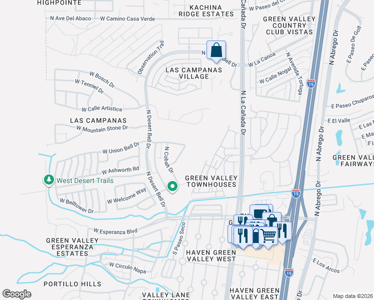 map of restaurants, bars, coffee shops, grocery stores, and more near 352 North Royal Bell Drive in Green Valley