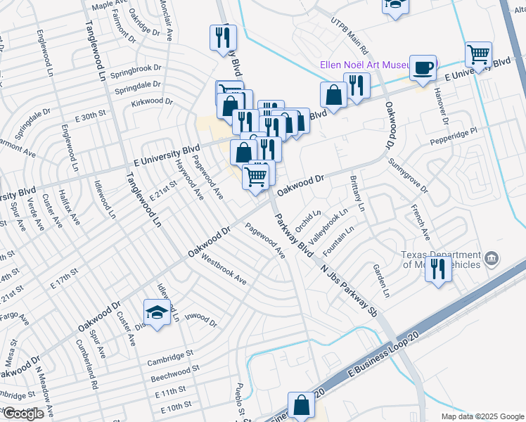 map of restaurants, bars, coffee shops, grocery stores, and more near 4601 Oakwood Drive in Odessa
