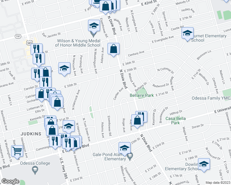 map of restaurants, bars, coffee shops, grocery stores, and more near 3119 Center Avenue in Odessa