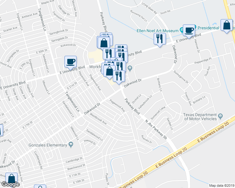 map of restaurants, bars, coffee shops, grocery stores, and more near 3522 Oakwood Drive in Odessa