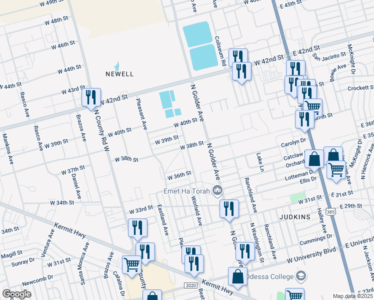 map of restaurants, bars, coffee shops, grocery stores, and more near 903 West 38th Street in Odessa