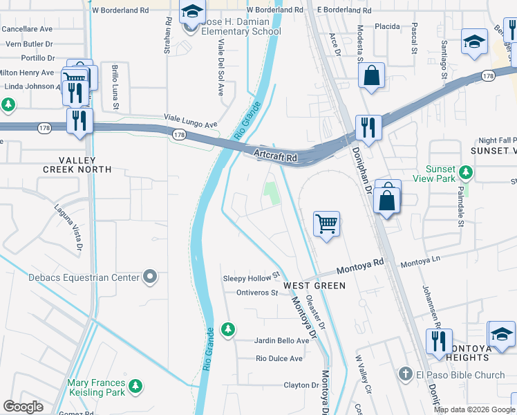 map of restaurants, bars, coffee shops, grocery stores, and more near 6047 Sorrel Drive in El Paso