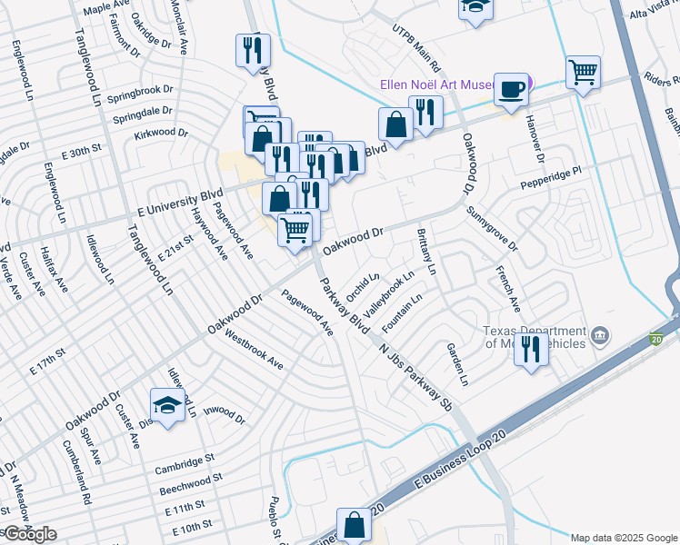map of restaurants, bars, coffee shops, grocery stores, and more near 4613 Orchid Lane in Odessa