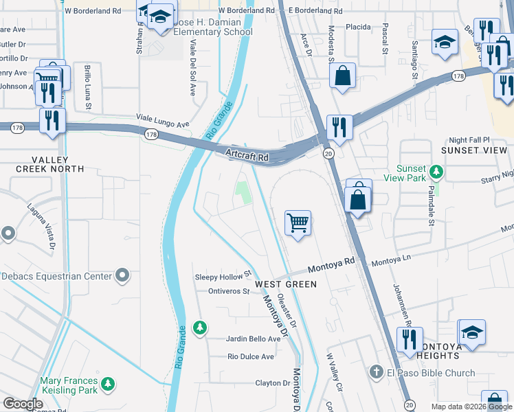 map of restaurants, bars, coffee shops, grocery stores, and more near 6045 Oleaster Drive in El Paso