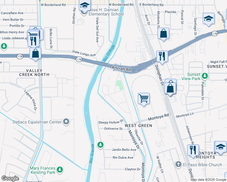 map of restaurants, bars, coffee shops, grocery stores, and more near 6047 Sorrel Drive in El Paso