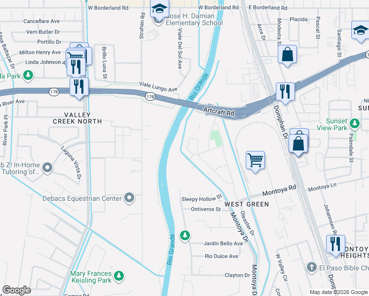 map of restaurants, bars, coffee shops, grocery stores, and more near 6045 Montoya Drive in El Paso