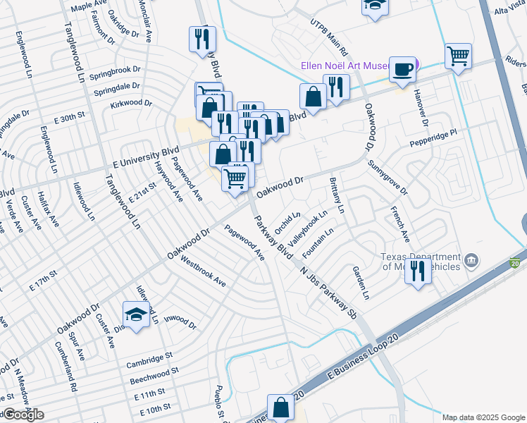 map of restaurants, bars, coffee shops, grocery stores, and more near 4601 Oakwood Drive in Odessa