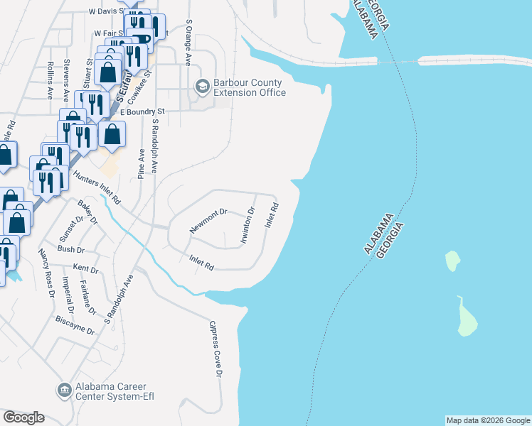 map of restaurants, bars, coffee shops, grocery stores, and more near 556 Inlet Road in Eufaula