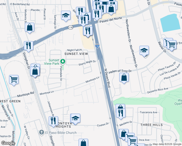 map of restaurants, bars, coffee shops, grocery stores, and more near 7900 Thunder Storm Drive in El Paso