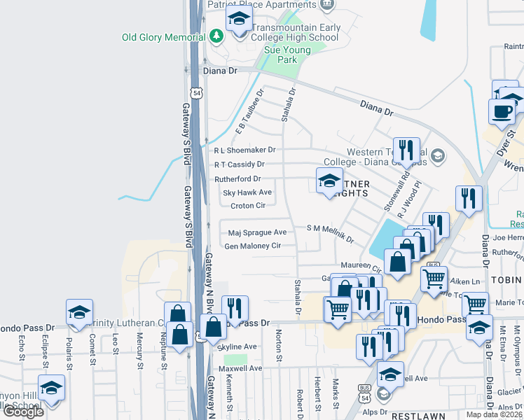 map of restaurants, bars, coffee shops, grocery stores, and more near 4432 Gen Maloney Circle in El Paso