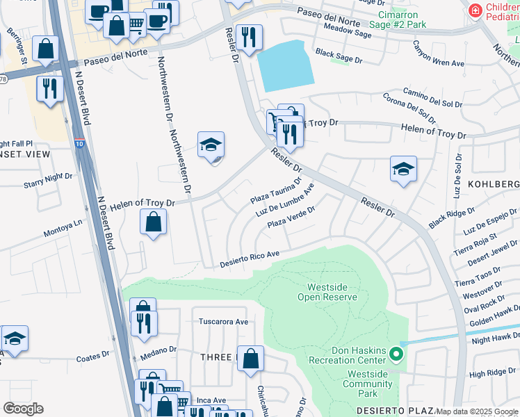 map of restaurants, bars, coffee shops, grocery stores, and more near 7505 Luz De Lumbre Avenue in El Paso