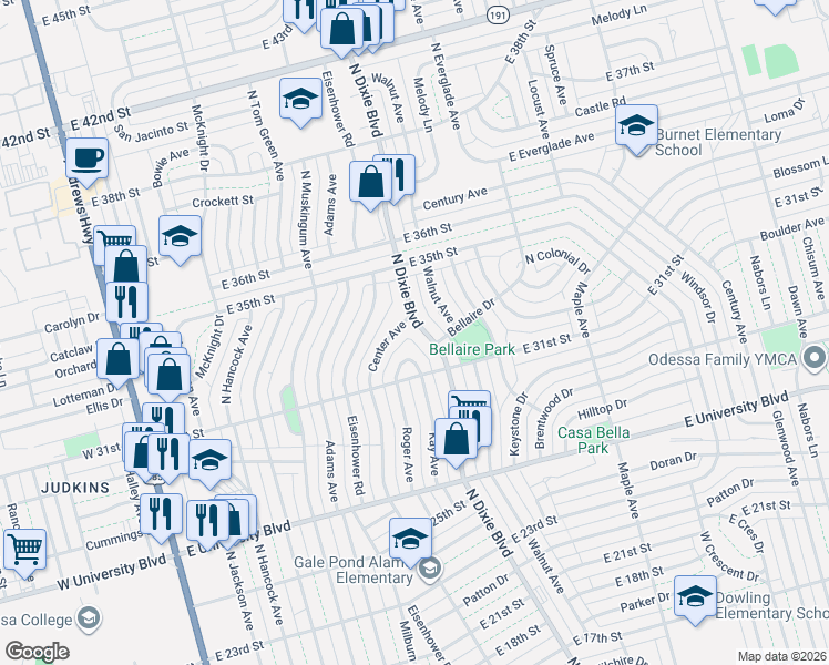 map of restaurants, bars, coffee shops, grocery stores, and more near 3107 North Dixie Boulevard in Odessa