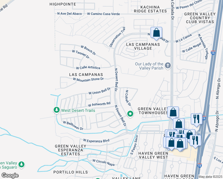 map of restaurants, bars, coffee shops, grocery stores, and more near 297 North Crescent Bell Drive in Green Valley