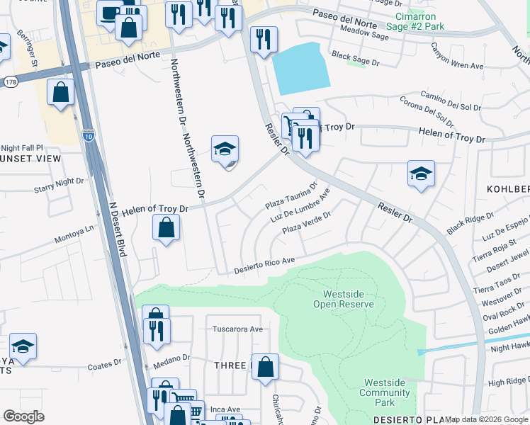 map of restaurants, bars, coffee shops, grocery stores, and more near 7520 Luz De Lumbre Avenue in El Paso