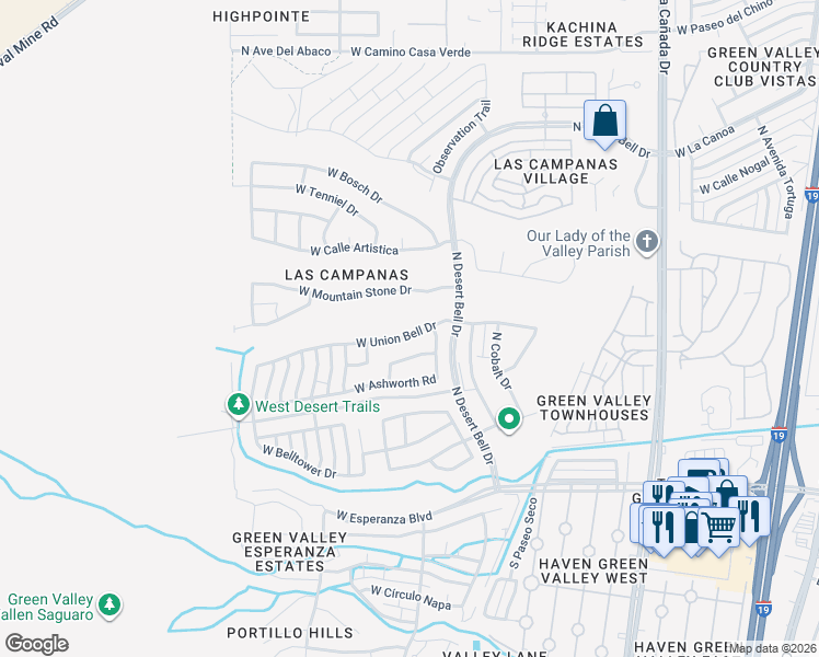 map of restaurants, bars, coffee shops, grocery stores, and more near 818 West Via Santa Adela in Green Valley