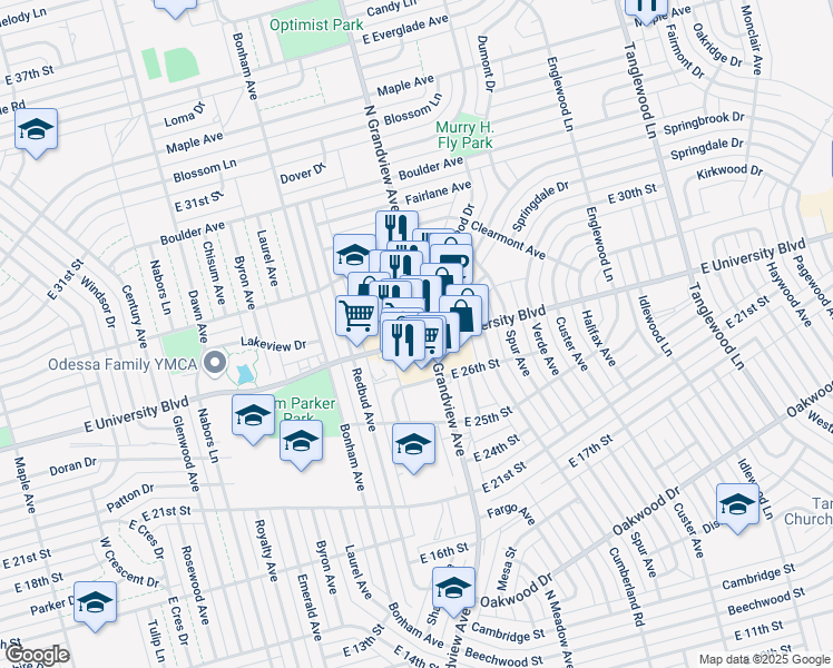 map of restaurants, bars, coffee shops, grocery stores, and more near 2735-2851 North Grandview Avenue in Odessa