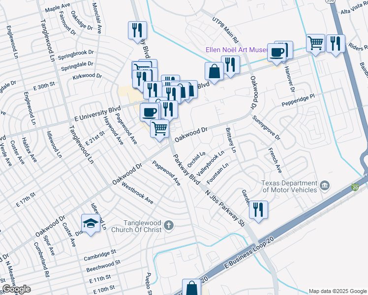 map of restaurants, bars, coffee shops, grocery stores, and more near 4600 Oakwood Drive in Odessa