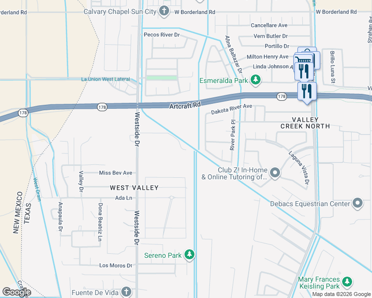 map of restaurants, bars, coffee shops, grocery stores, and more near 6100 Westside Drive in El Paso