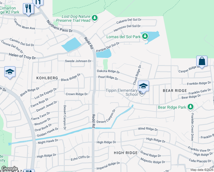 map of restaurants, bars, coffee shops, grocery stores, and more near 1408 Copper Ridge Drive in El Paso