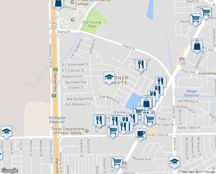 map of restaurants, bars, coffee shops, grocery stores, and more near 4700 Rutherford Drive in El Paso
