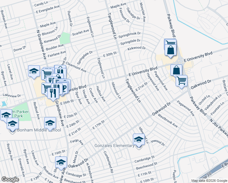 map of restaurants, bars, coffee shops, grocery stores, and more near 2437 Idlewood Lane in Odessa