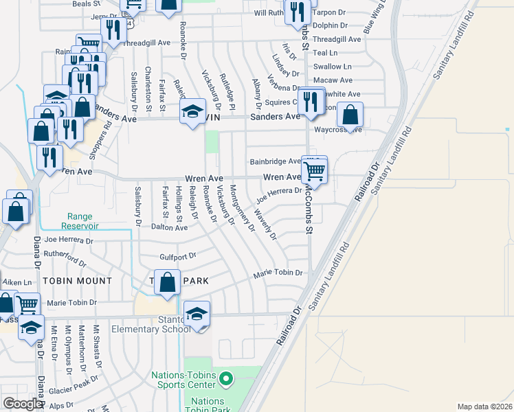 map of restaurants, bars, coffee shops, grocery stores, and more near 9304 Waverly Drive in El Paso