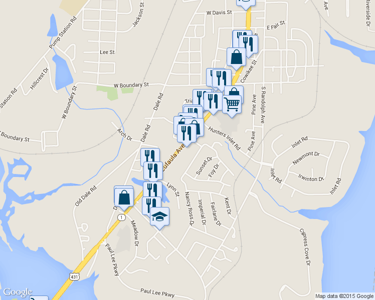 map of restaurants, bars, coffee shops, grocery stores, and more near 1345 South Eufaula Avenue in Eufaula