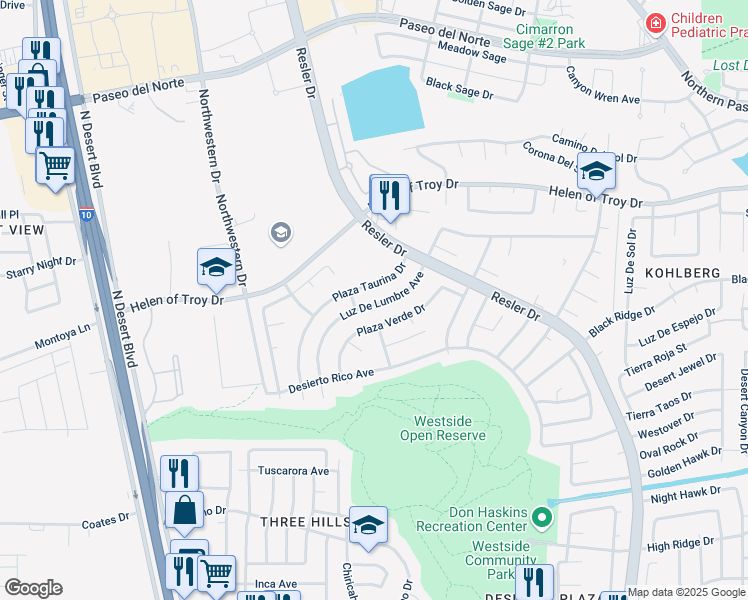 map of restaurants, bars, coffee shops, grocery stores, and more near 7457 Luz De Lumbre Avenue in El Paso