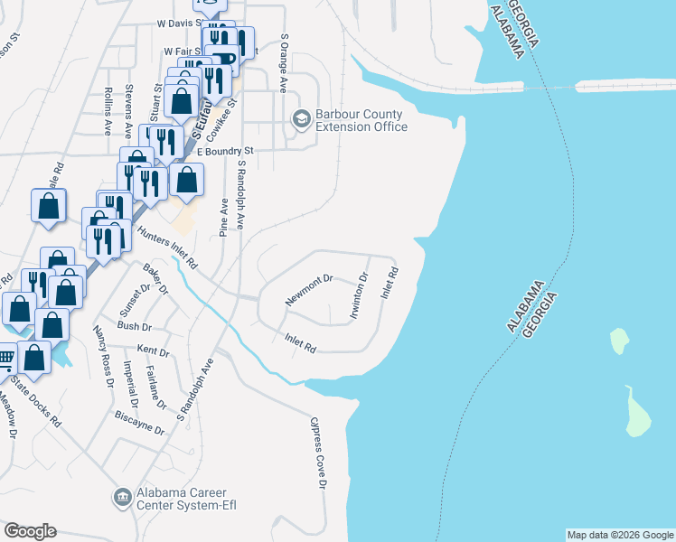 map of restaurants, bars, coffee shops, grocery stores, and more near 607 Inlet Road in Eufaula