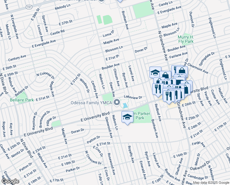 map of restaurants, bars, coffee shops, grocery stores, and more near 3000 Brentwood Drive in Odessa