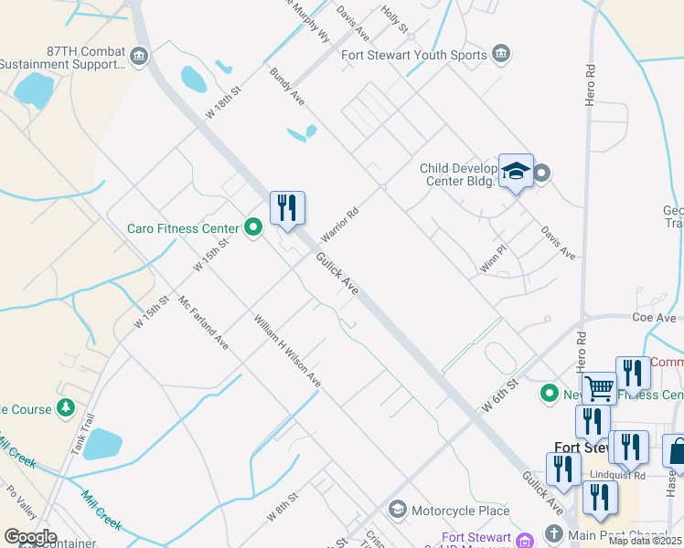 map of restaurants, bars, coffee shops, grocery stores, and more near Gulick Avenue in Fort Stewart