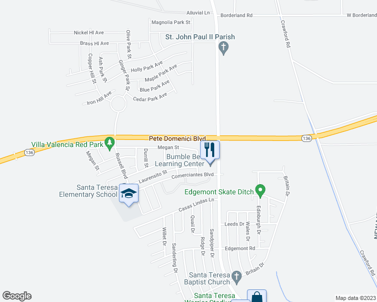 map of restaurants, bars, coffee shops, grocery stores, and more near 5831 Megan Street in Santa Teresa