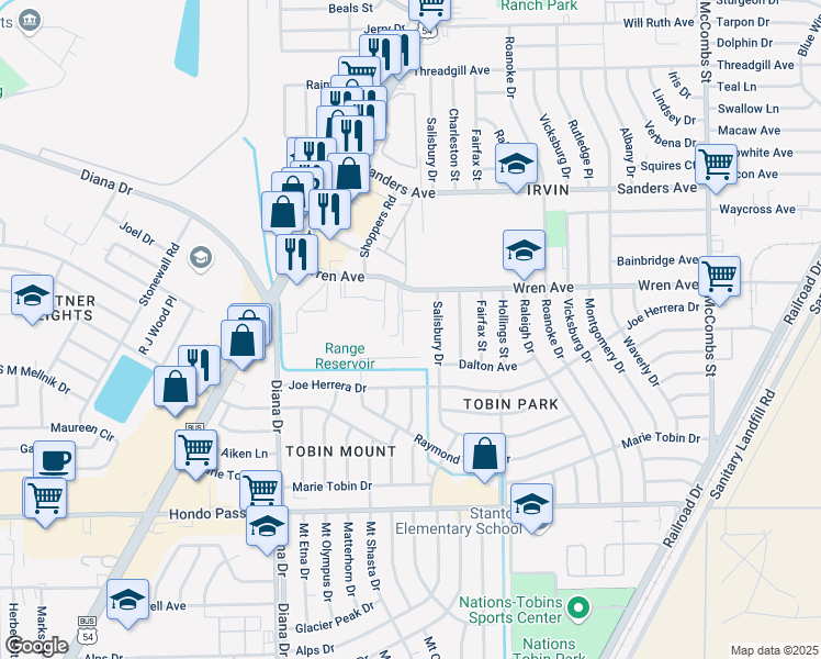map of restaurants, bars, coffee shops, grocery stores, and more near 9329 Salisbury Drive in El Paso