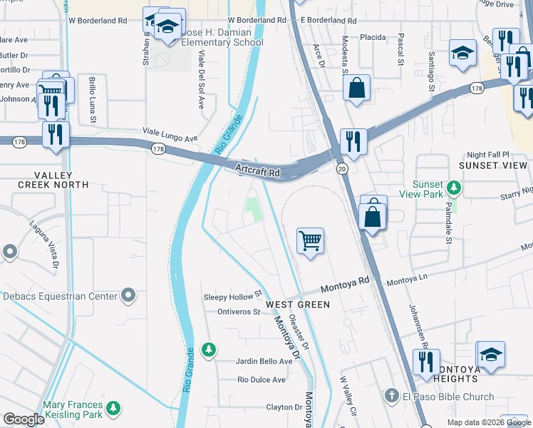 map of restaurants, bars, coffee shops, grocery stores, and more near 6046 Oleaster Dr in El Paso